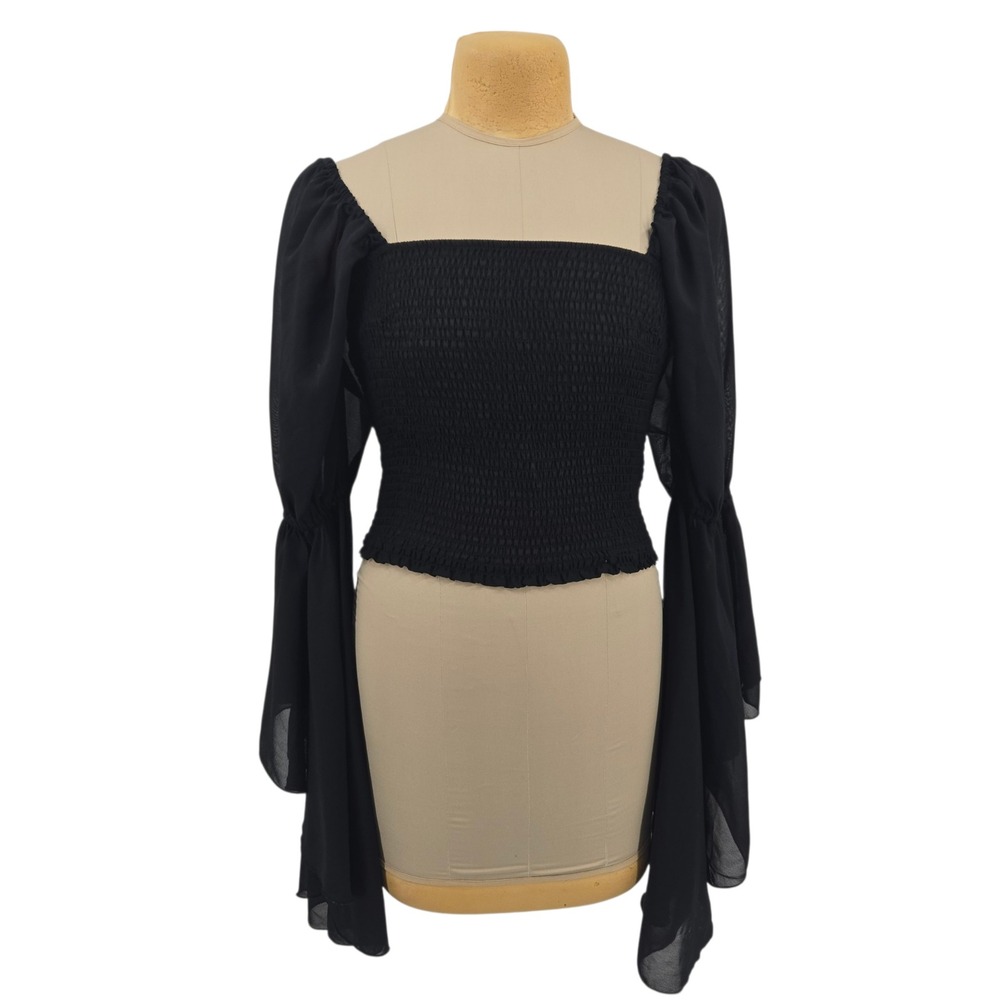 Live 4 Truth Smocked Bell Sleeve Top Womens L Black Chiffon Flare Cuff Boho